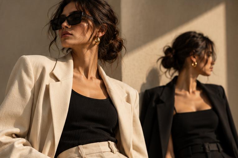 إطلالات نسائية أنيقة باللونين البيج والأسود